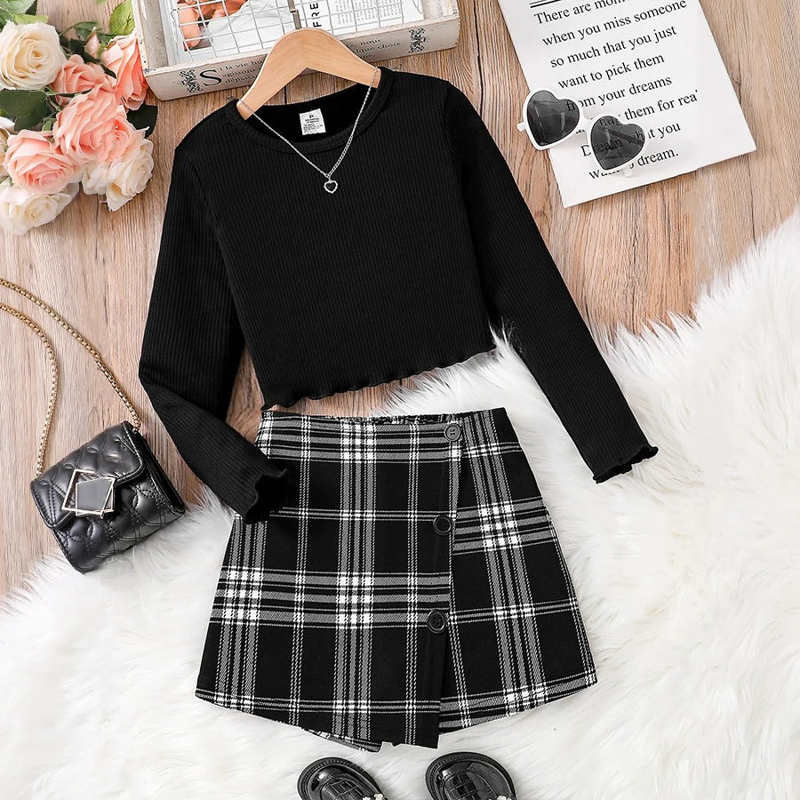 knitted crew-neck long-sleeved top + asymmetrical plaid skirt 2-piece set