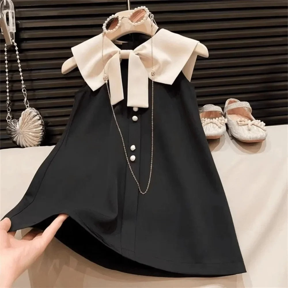Fashionable Girls' Casual Clothes Lapel Bow Pearl Single Breasted Sleeveless Dress.