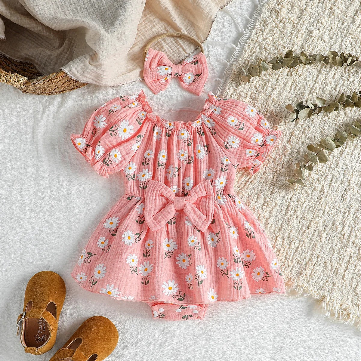 Rompers Dress Daisy Print Short Sleeve Jumpsuits Clothes Bodysuits +Headband.