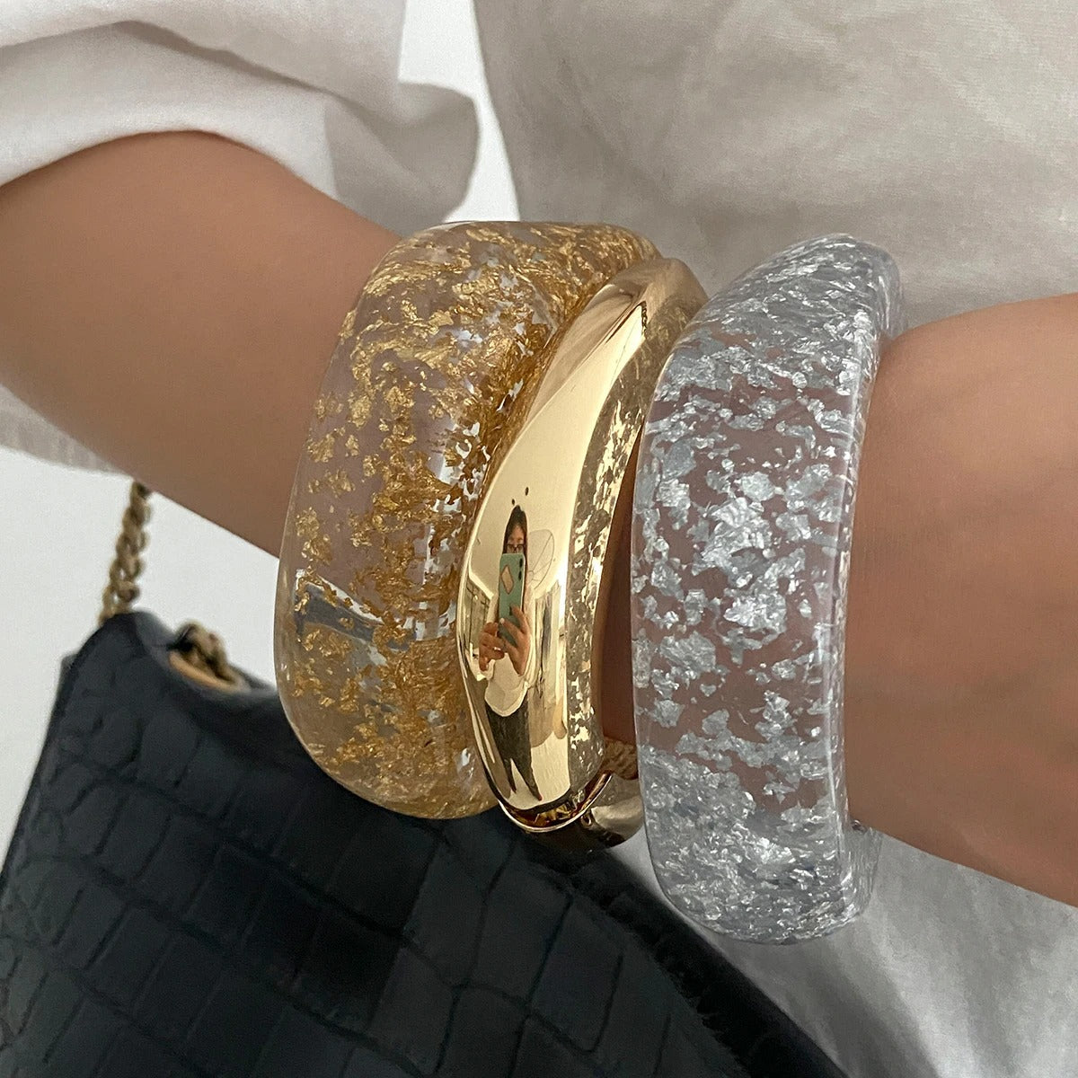 Glossy Acrylic Resin Metal Wide Bracelets