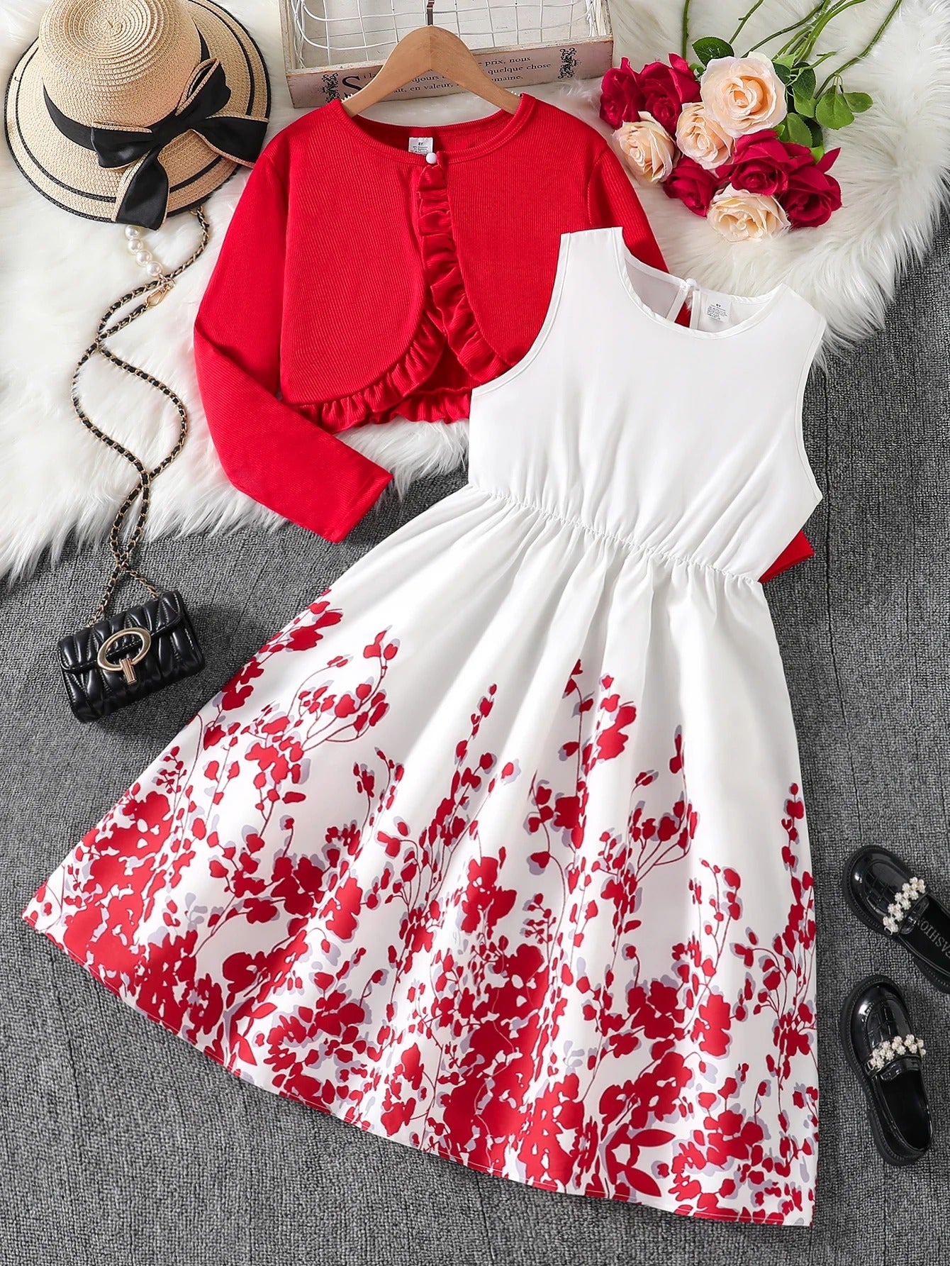 New Girls' Knitted Cardigan Small Shawl Coat + Printed Vest Dress, Girls' Beach Skirt Set