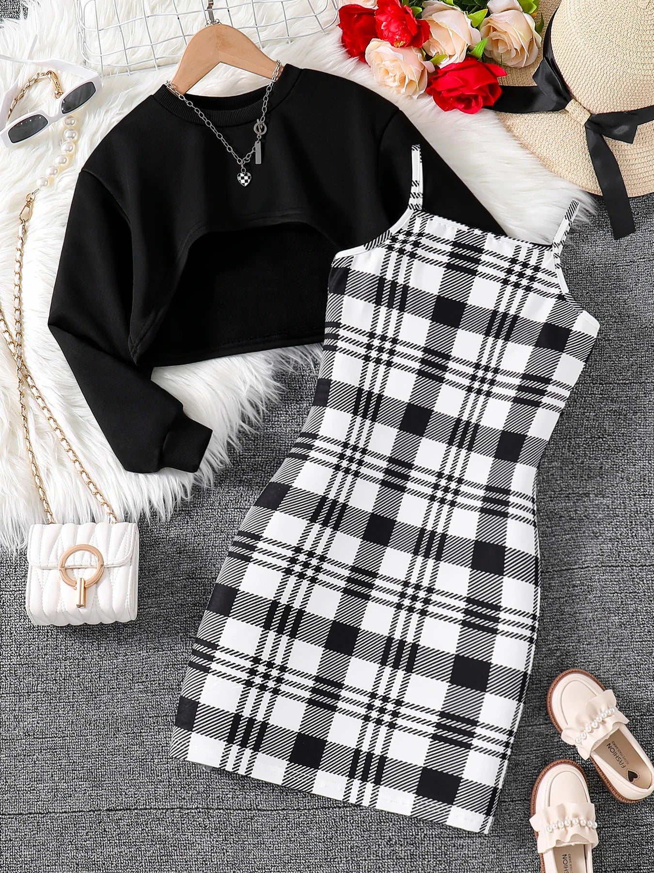 2-piece round neck long sleeve top + sleeveless plaid dress set.