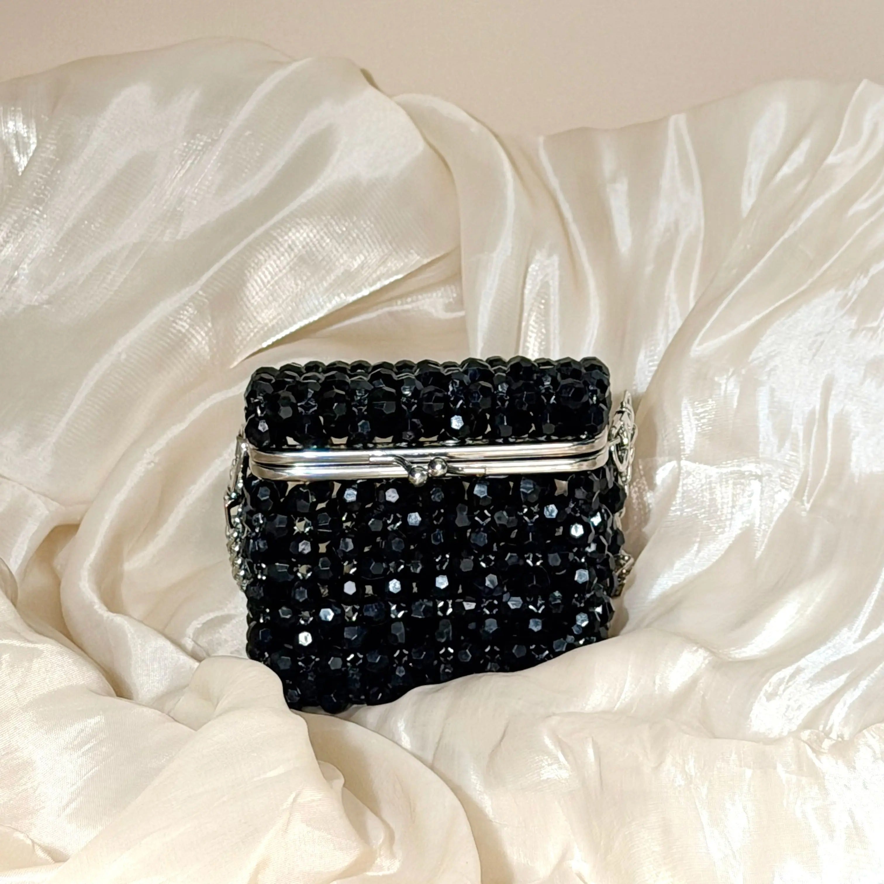 Vintage Black Beaded Clutch Bag with Chain