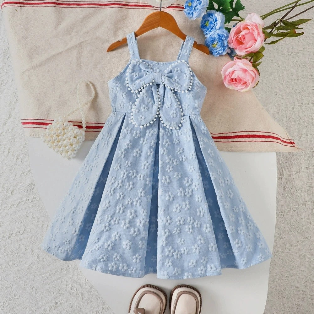 Summer Blue Suspender Dress Large Skirt Bow Decoration Kids