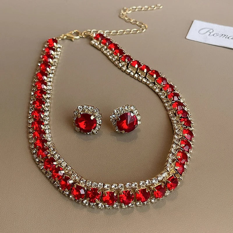 Luxury Green Rhinestone Necklace Stud Earrings