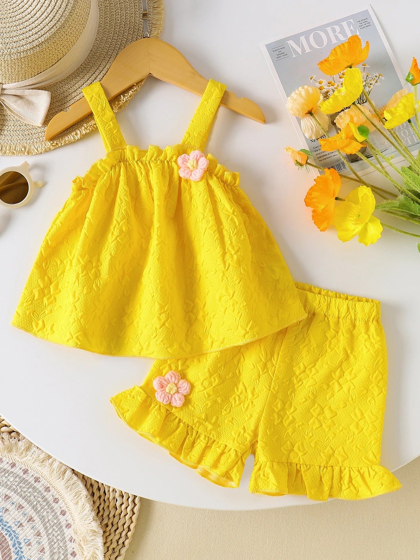 Girls' Yellow Jacquard Set: Floral Appliqué Camisole Top + Ruffled Shorts