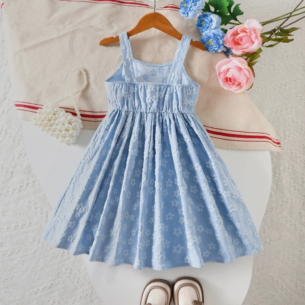 Summer Blue Suspender Dress Large Skirt Bow Decoration Kids
