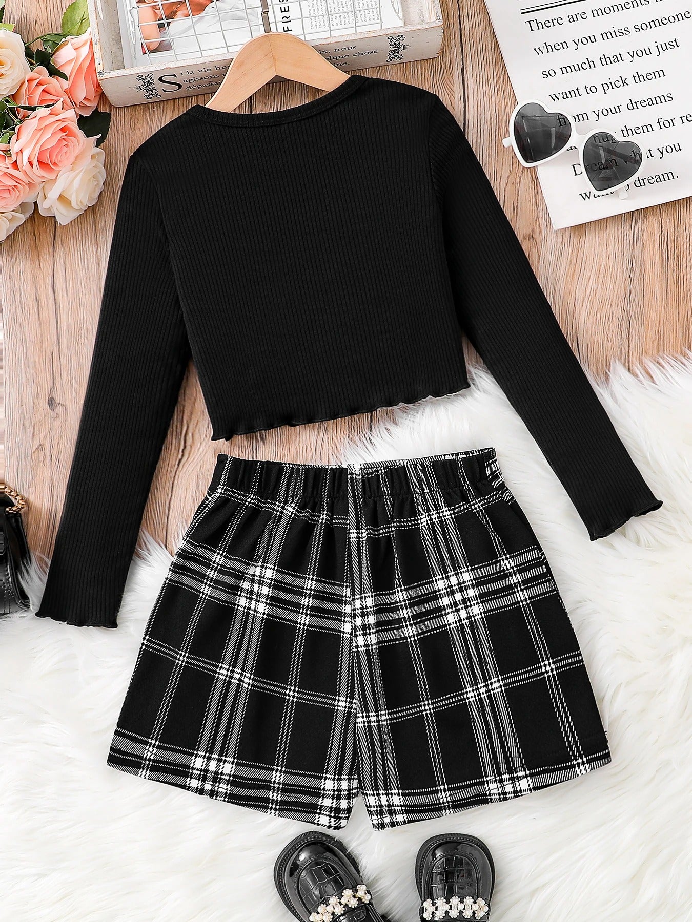 knitted crew-neck long-sleeved top + asymmetrical plaid skirt 2-piece set