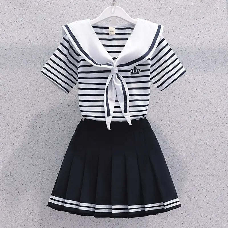 Girls Summer Casual Striped Sailor Collar Short Sleeve Suits