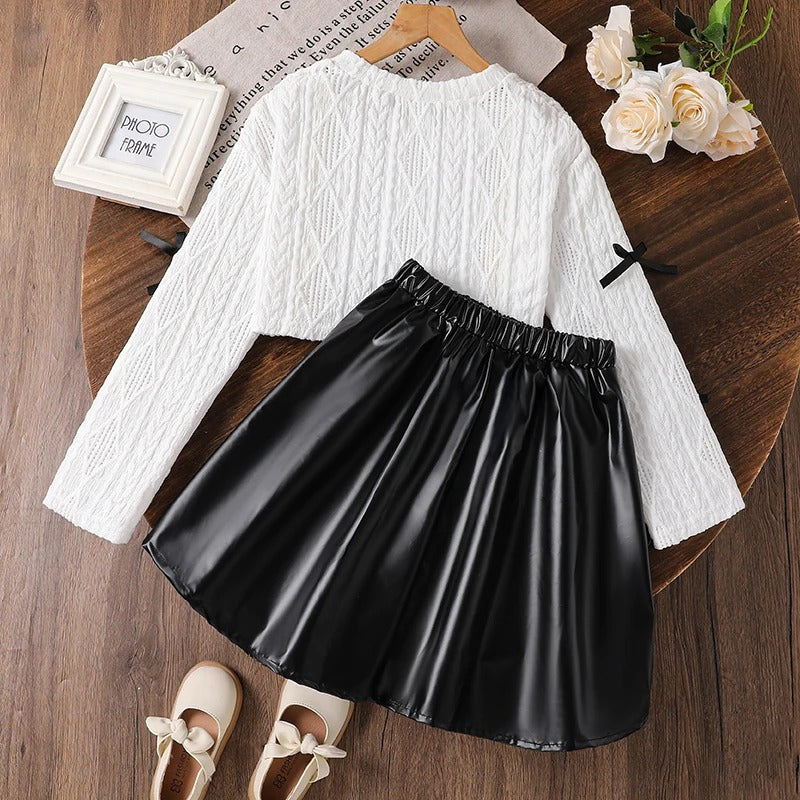 Neck Long Sleeve Top &amp; Black Skirt For Girls 8-12 Years Kids Fashion Outfit