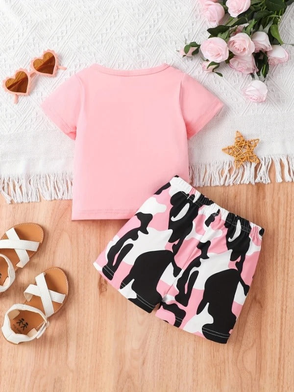 Baby Girl 2Pcs Pink Heart Tee + Camo Shorts Summer Casual Set