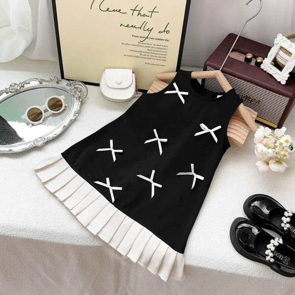 Black Bow Decoration Girls Dress Summer Sleeveless Princess Dresses Color Blocked Children's Clothing 3 To 7 Years Wea