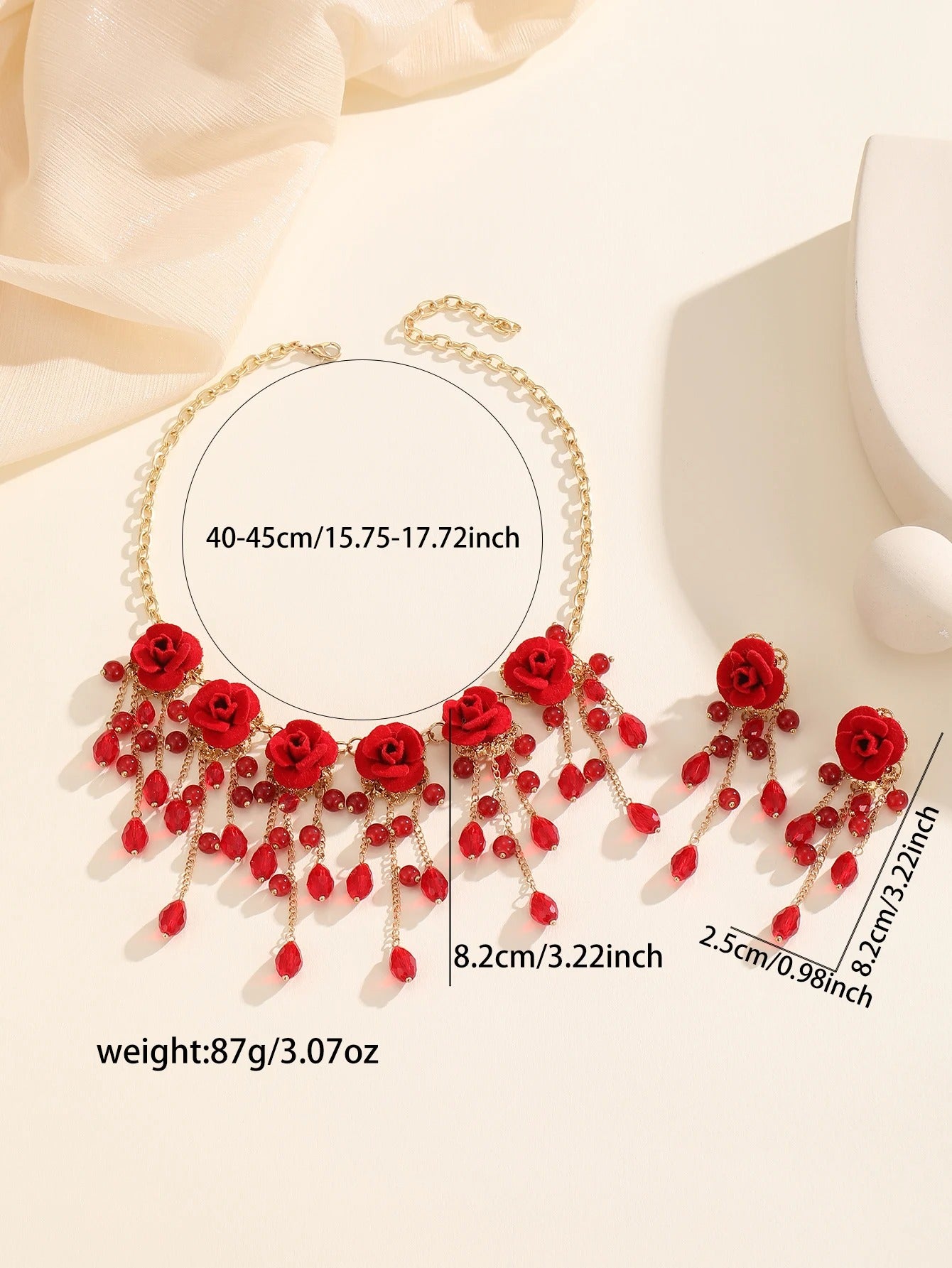 Red Rose Crystal Tassel Pendant Necklace and Earrings