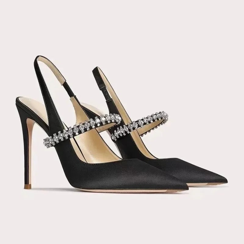 Silk Luxury Sexy Pointed Toe High Heels Womens Elegant Rhinestone Party Dress