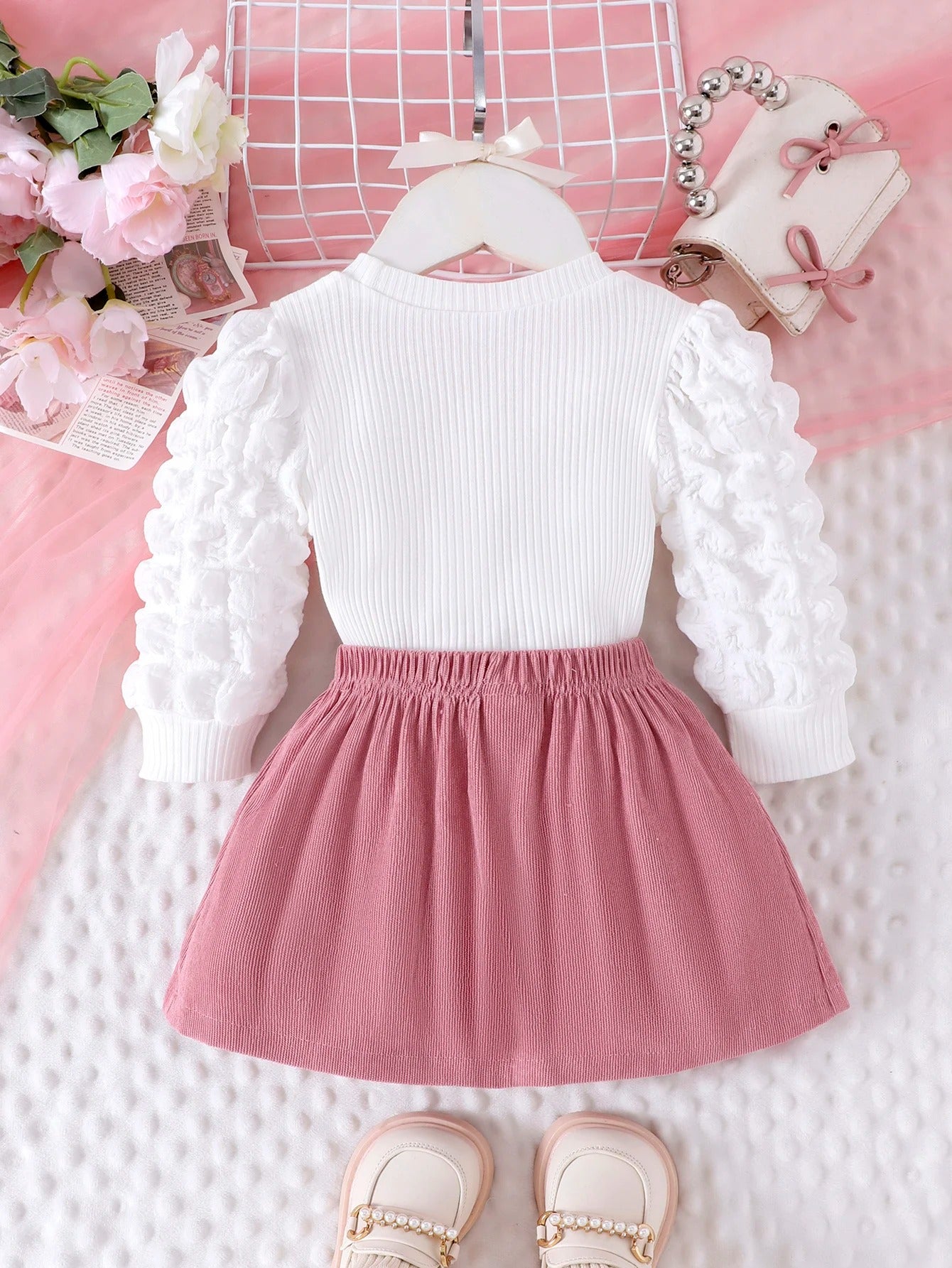Comfortable Sweet and Cute Bubble Sleeves, Love Chapter Top + Pink Short Skirt.