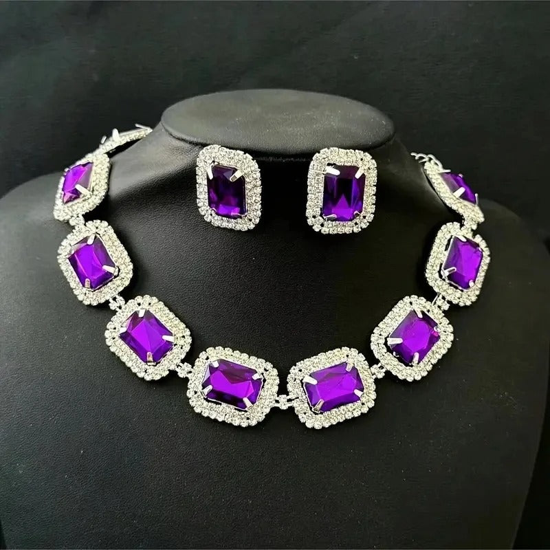 Rhinestone Purple Necklace Earrings Set