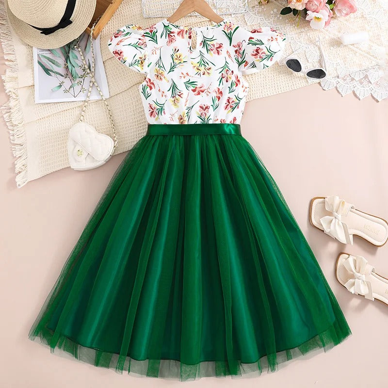Summer Dress For 8-12 Years Grils Kids White Print Fly Sleeve Green Knee-Length Tulle