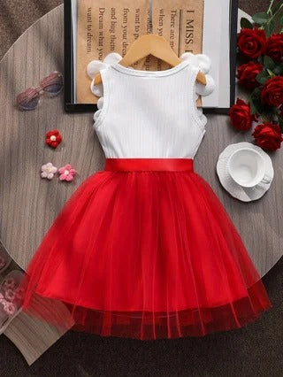 Dress with 3D Floral Embellishments, Tulle Skirt and Bow Accents.