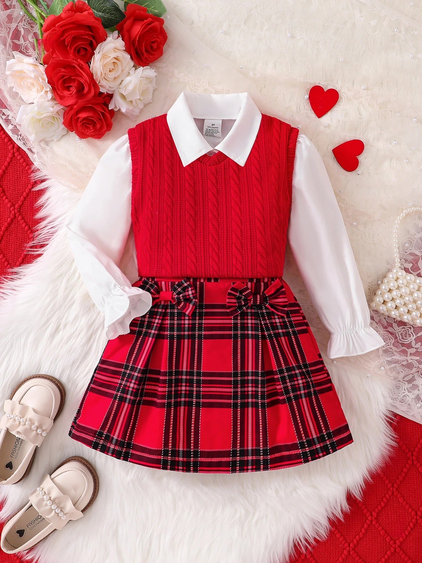 Three Piece Set Knitted Red Tank Top+Lace Collar Lining+Checkered Half Skirt