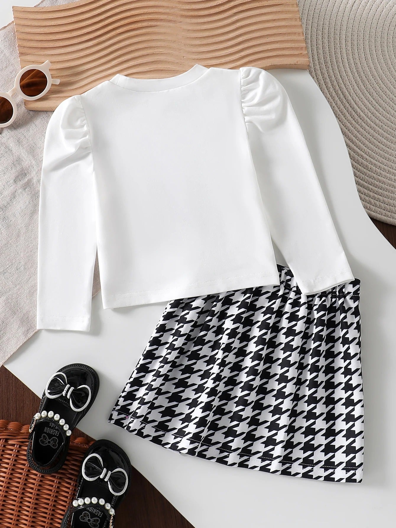 White Round-Neck Puff Sleeve Top + Plaid A-Line Casual Skirt Set,