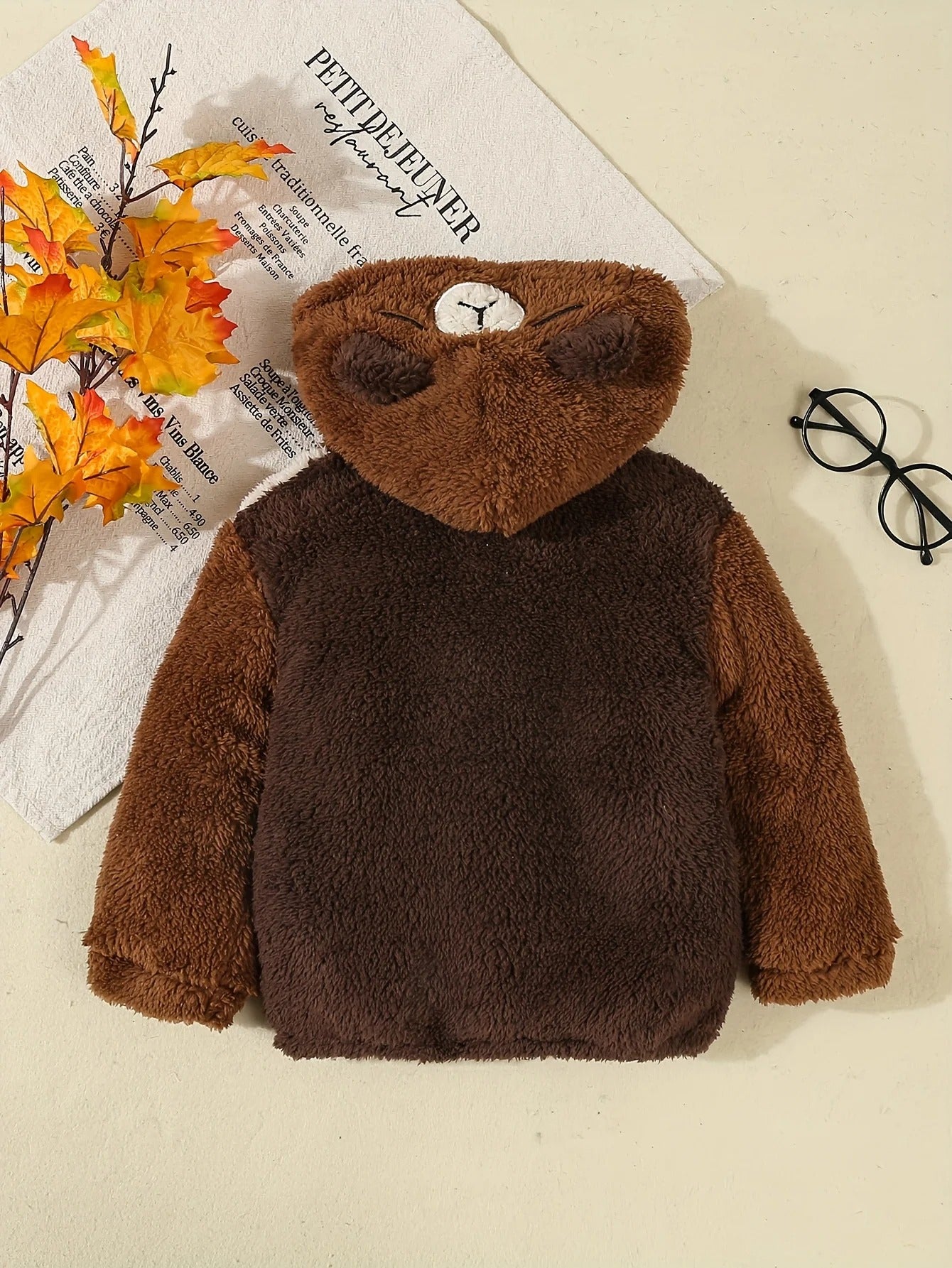 Winter Little Bear With Sticker Embroidery Hooded Plush Jacket And Winter Warm Zipper Shirt