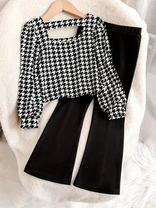 Girls' Two-Piece Set: Houndstooth-Printed Top with Bow Detail and Back Cutout + Flare Pants with Split Cuffs