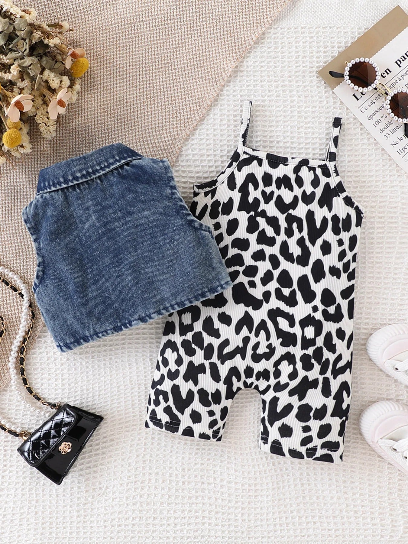 Stretchy Ribbed Leopard Print Jumpsuit Shorts, Stylish Two-Piece Set