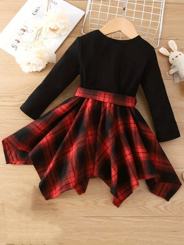 Kids' Retro Plaid Dress | Black &amp; Red Color Block with Big Bow Waist