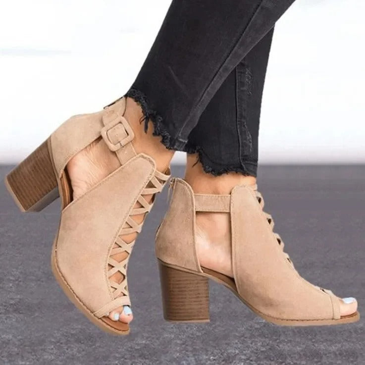 High Heels Mesh Ring Buckle Back Zipper Ladies Sandals Rubber Bottom Shoes