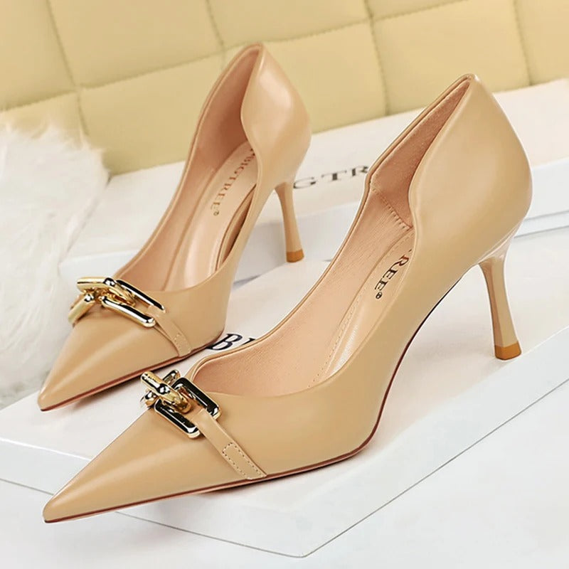 BIGTREE Shoes Elegant Women Pumps Metal Button Kitten Heels