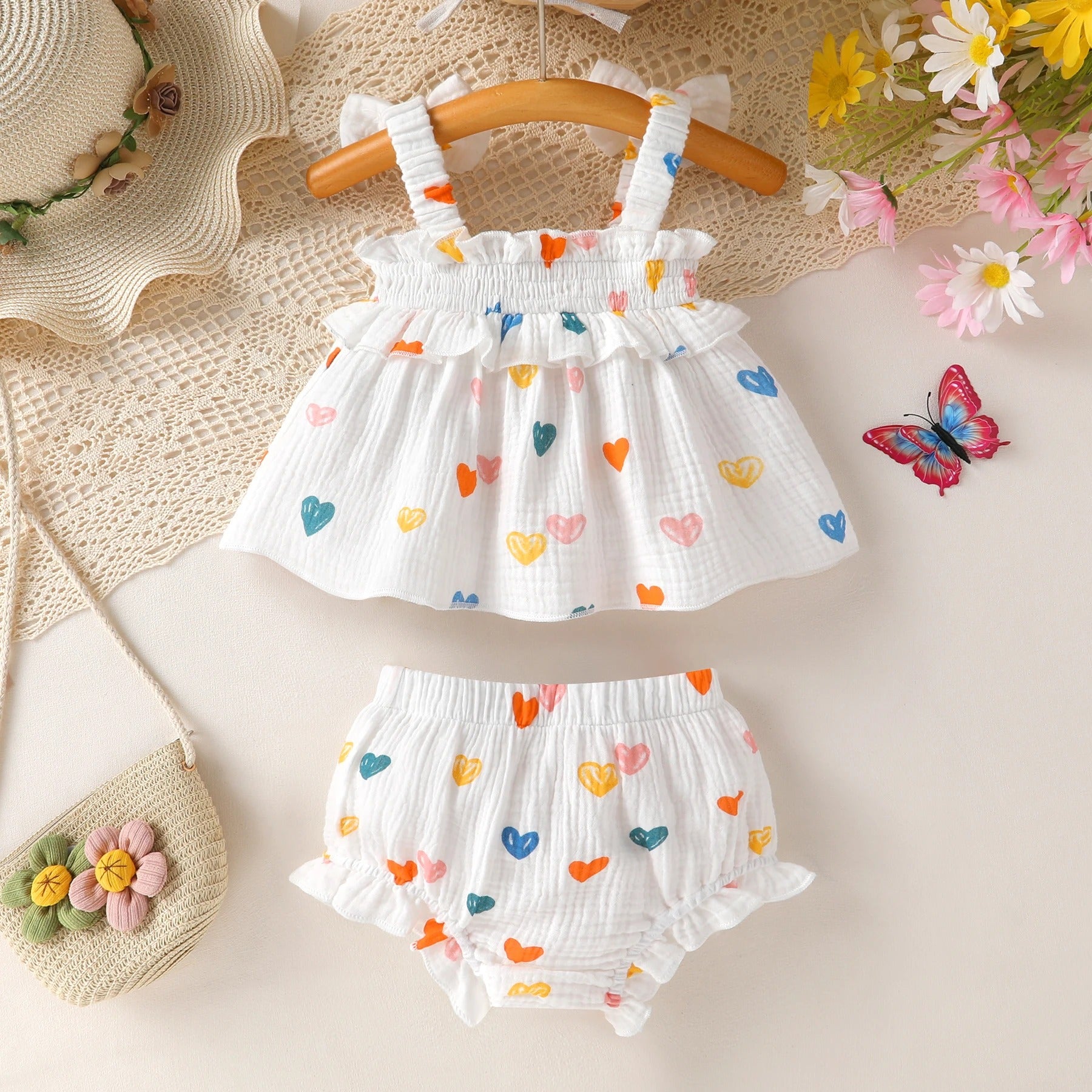 Baby Girls Casual Cotton Allover Print Bow Camisole Top with Elastic Waist Diaper Shorts 2PCS