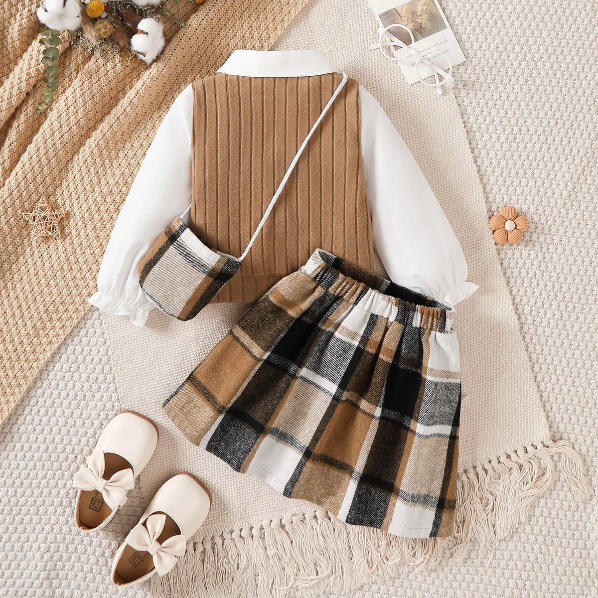 Top+Checkered Skirt+Mini Bag Set Suitable Girls 4-7 Year Autumn College Style Set