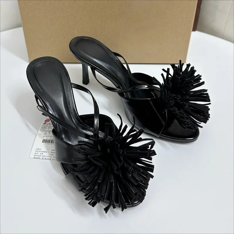 Brand Design High Heels Women Mules Shoes Unique Tassel Flower Party Date