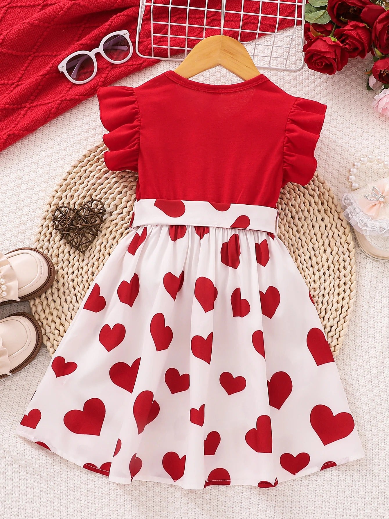 Summer Cute Red Love Princess Children's Short sleeved Dress Casual Party Clothing