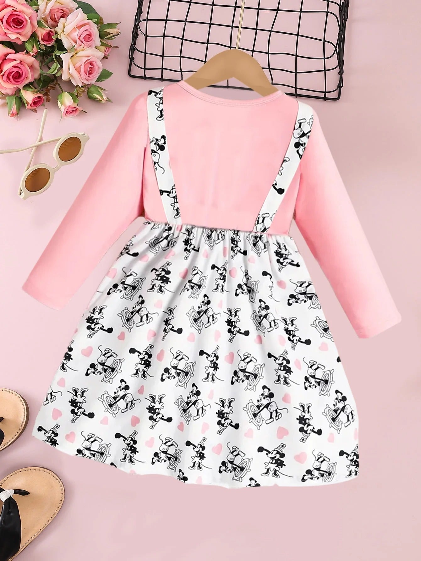 A Single Autumn Playful And Cute Pink Round-Neck Imitation Overbody Dress With Printed Patterns