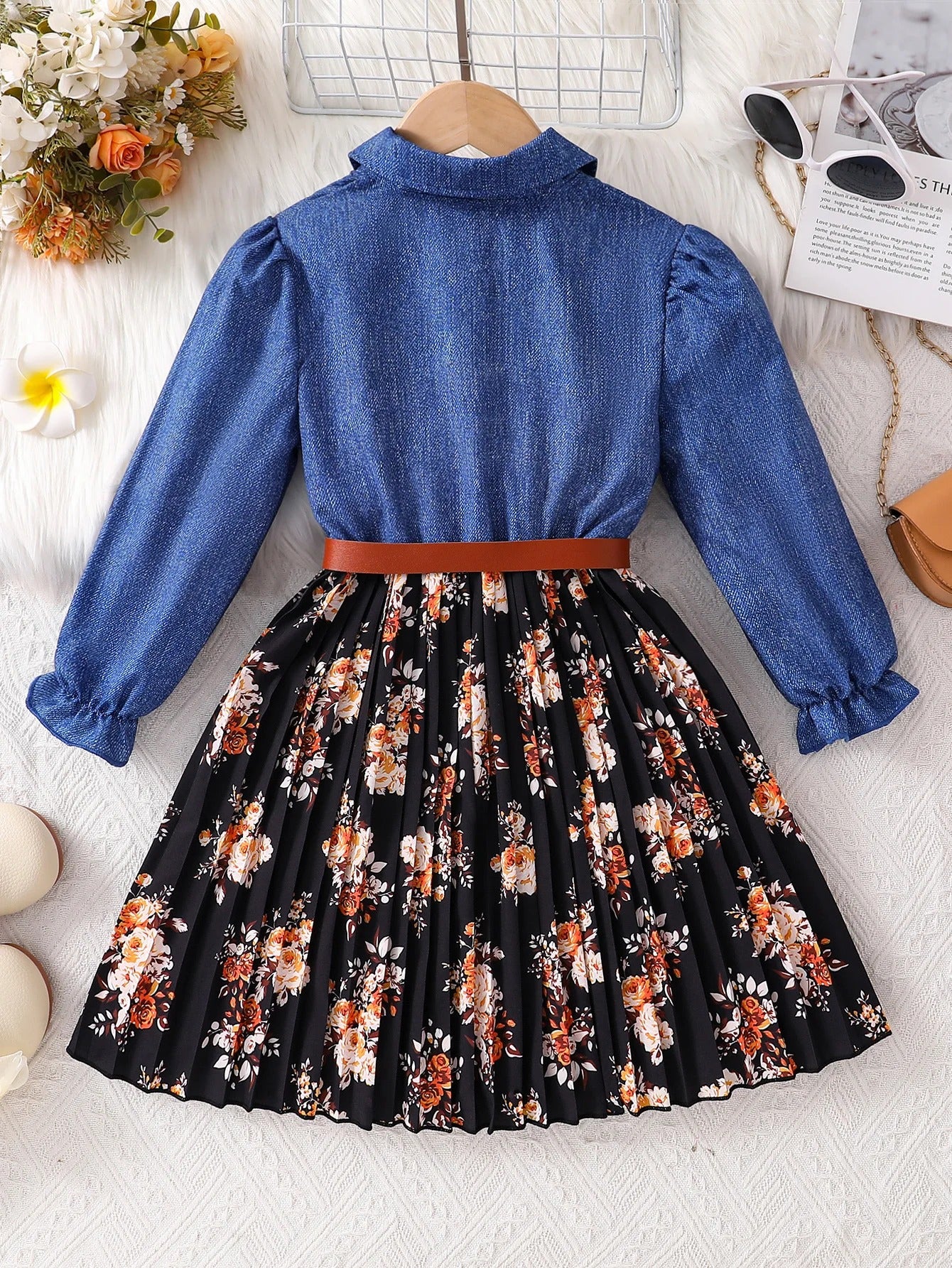 Faux Denim Waist-Cinching Patchwork Floral Dress for Spring, Autumn, and Winter. Girls' Elegant Button-Up Dress