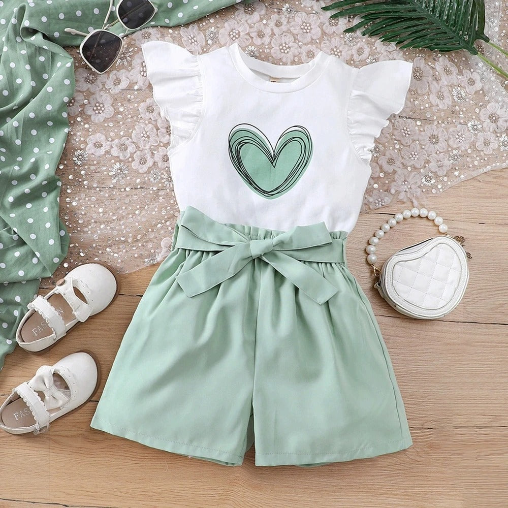 2pcs Set Children White T-Shirt with Green Shorts Summer Teen Girls Outfits For 8 9 10 11 12 Years