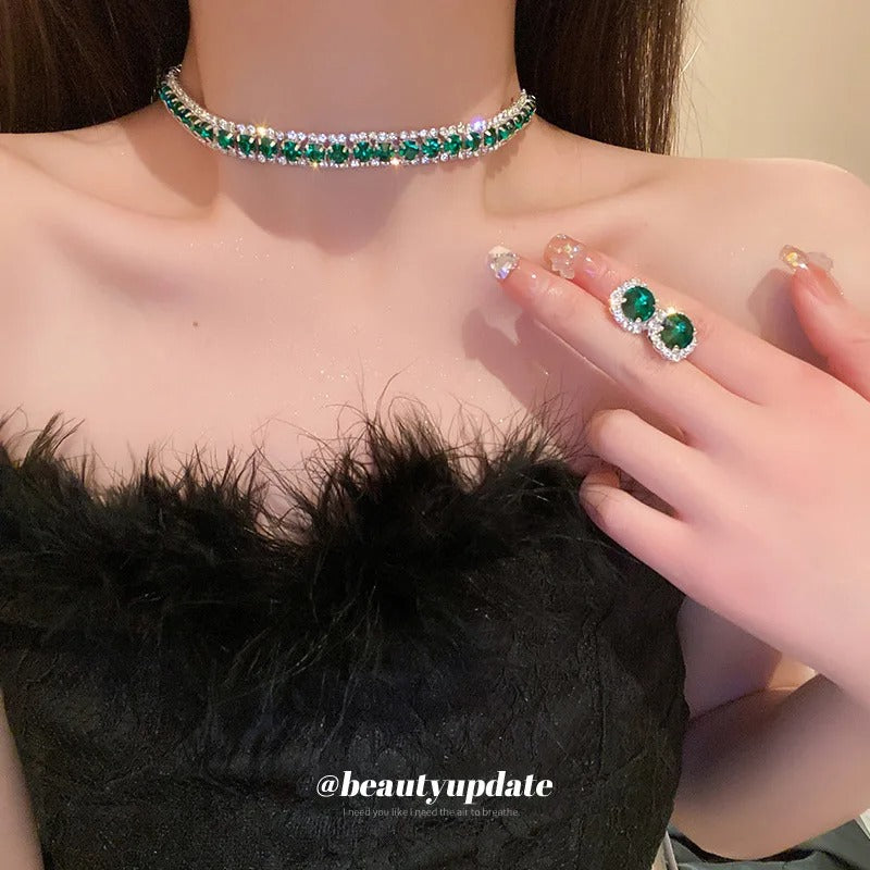 Luxury Green Rhinestone Necklace Stud Earrings