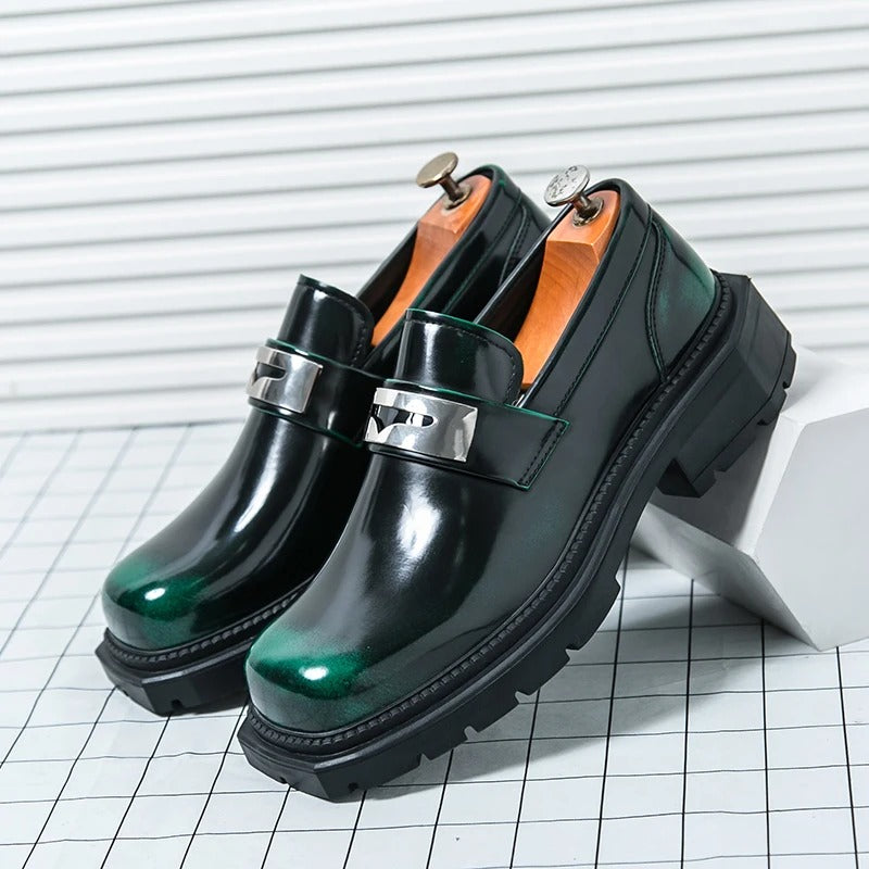 Thick Bottom PU Leather Men Green Loafers Wedding
