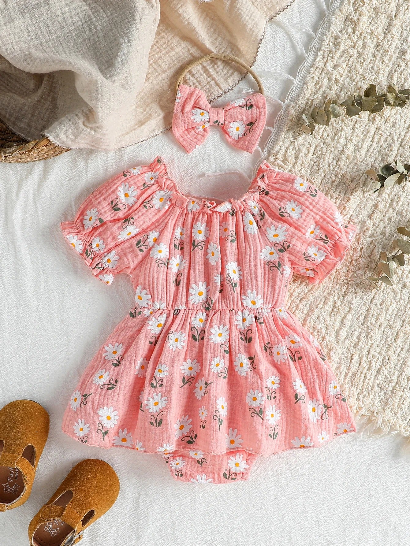 Rompers Dress Daisy Print Short Sleeve Jumpsuits Clothes Bodysuits +Headband.