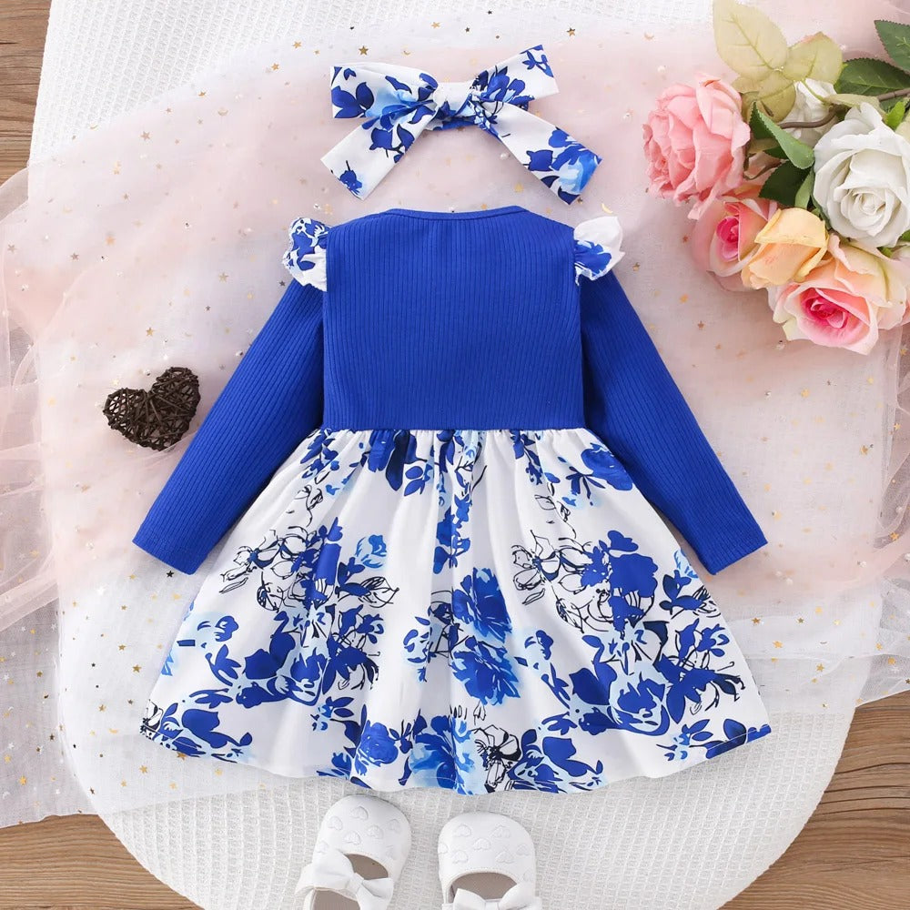 (6 Months -3 Years Old) Spring And Autumn New Blue Flower Baby Girl Dress