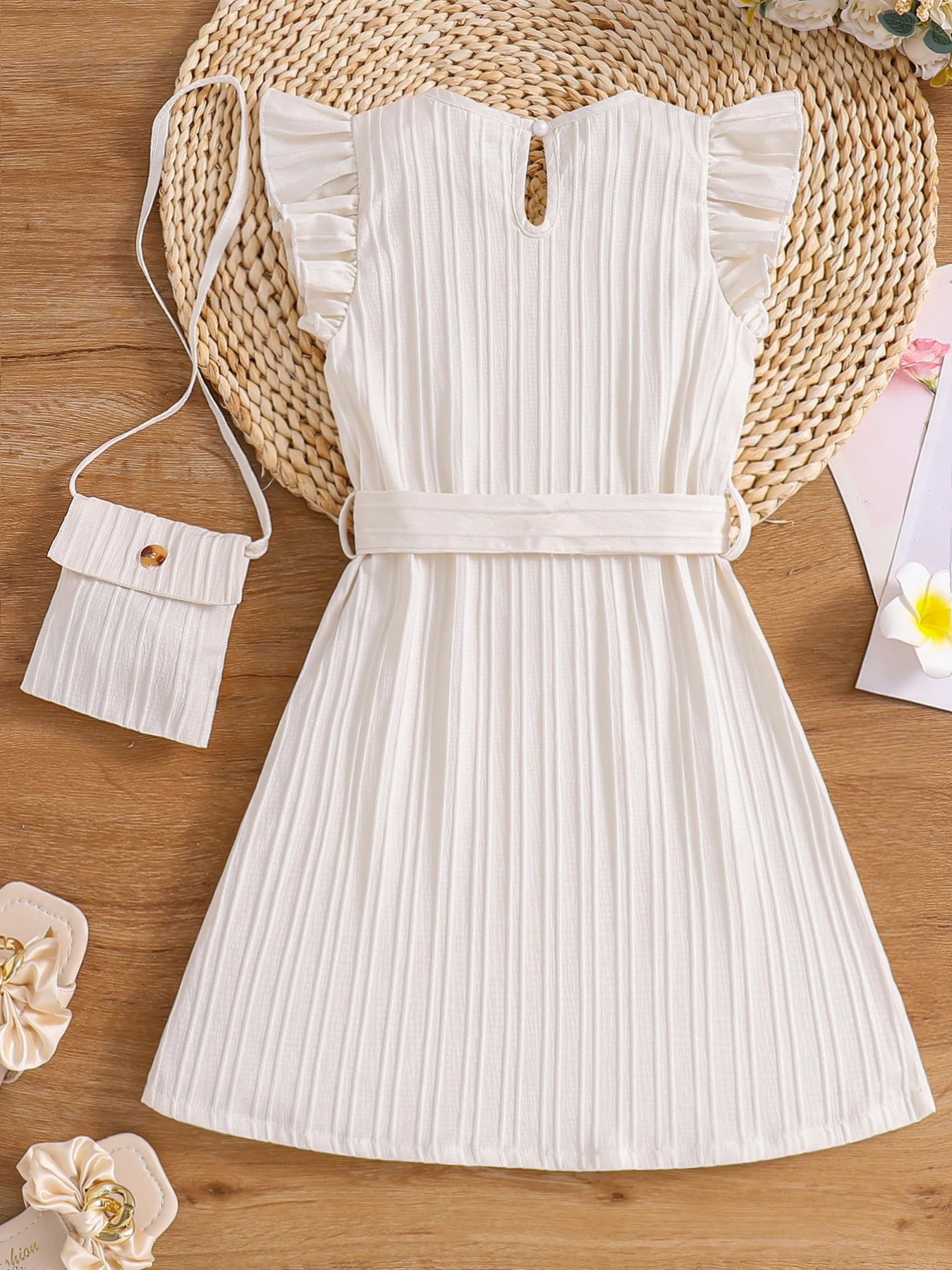 color round neck flying sleeve dress summer clothing + small satchel.