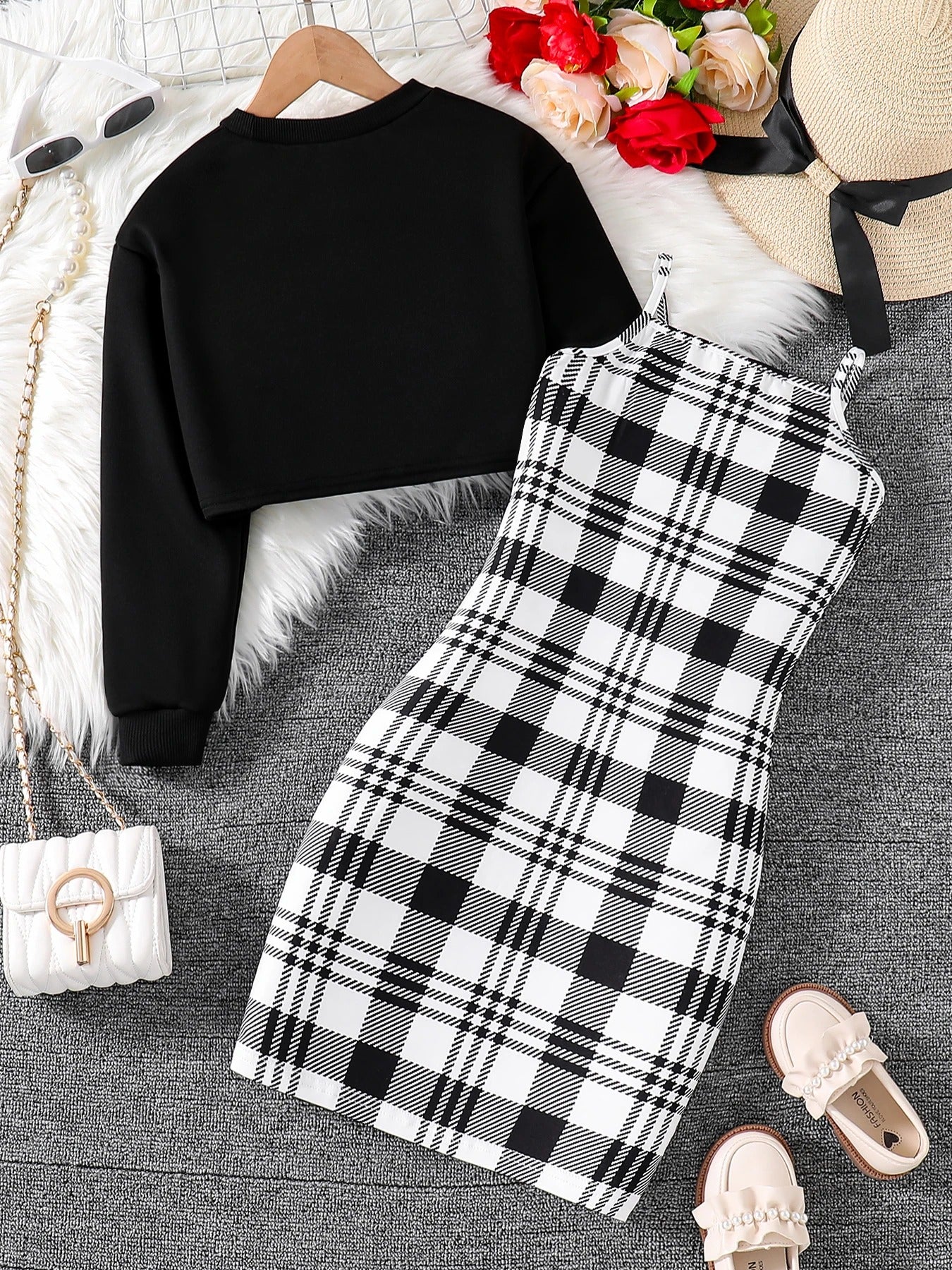 2-piece round neck long sleeve top + sleeveless plaid dress set.