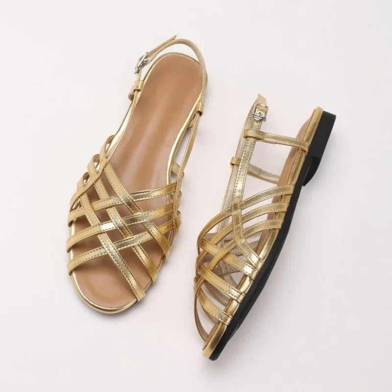 Peep Toe Low Heels Women Roman Sandals Soft Sole Hollow Out Woven