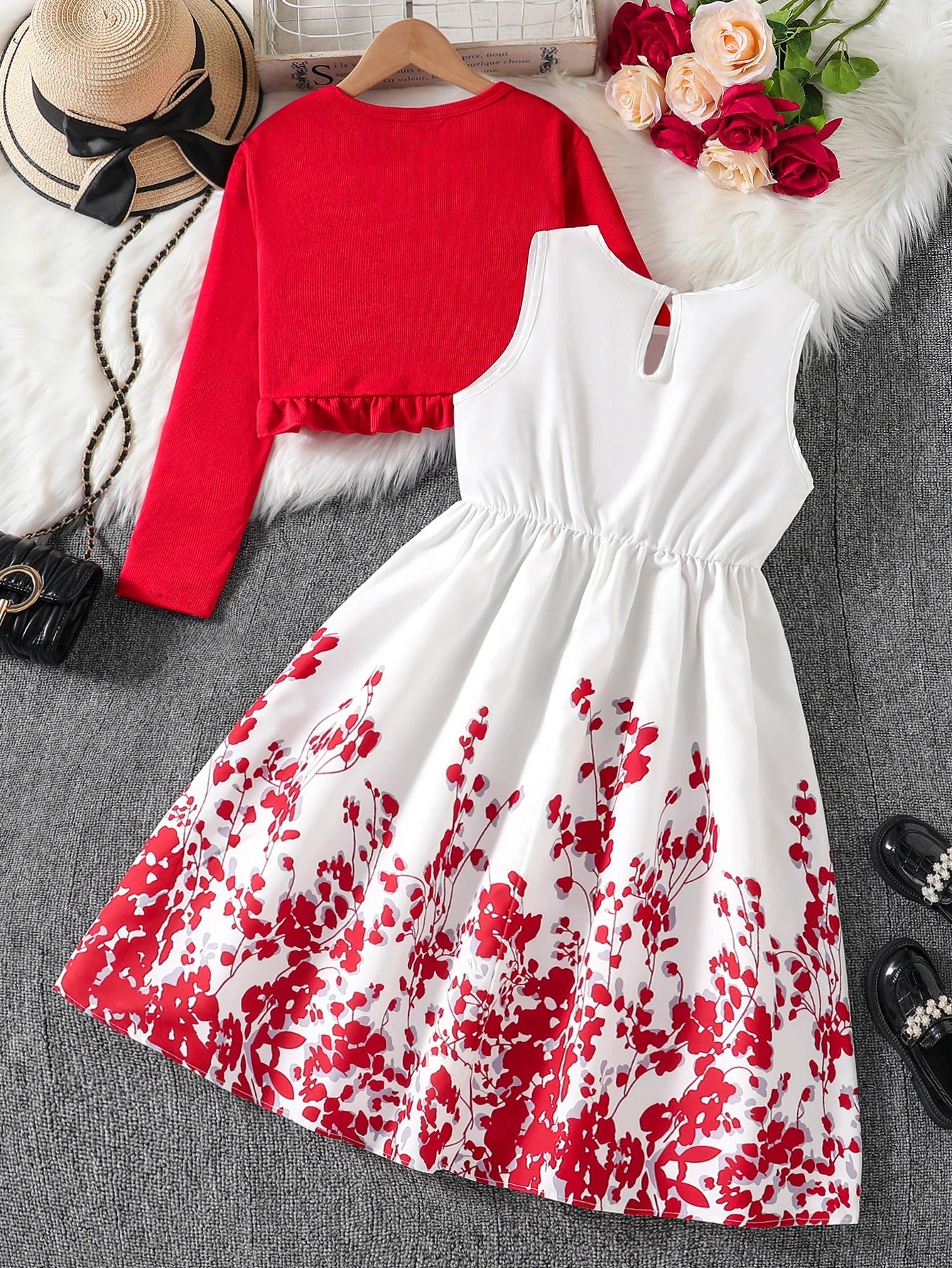 New Girls' Knitted Cardigan Small Shawl Coat + Printed Vest Dress, Girls' Beach Skirt Set