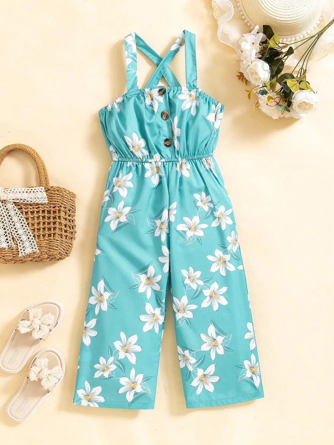 Suspender Button-Up Waist-Cinching Wide-Leg Jumpsuit for Summer Season Change and Seaside Vacation.