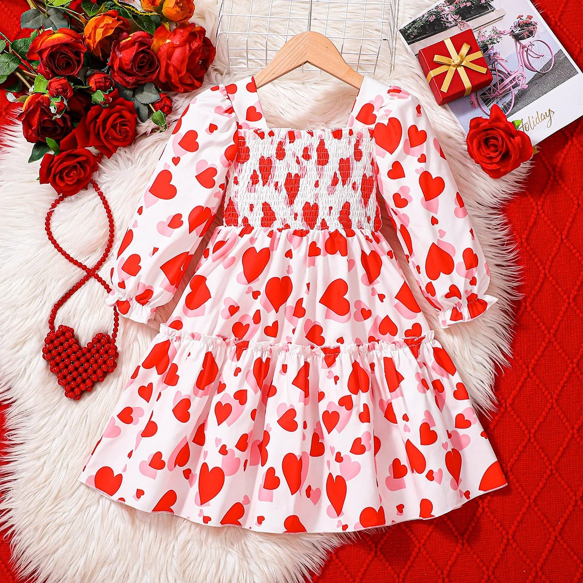 Collar Drawstring Waist Red White Contrast Princess Skirt for Kids.