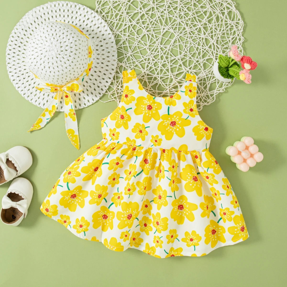 Bow Children'S Sleeveless Clothes With Free Hat For Beach Party