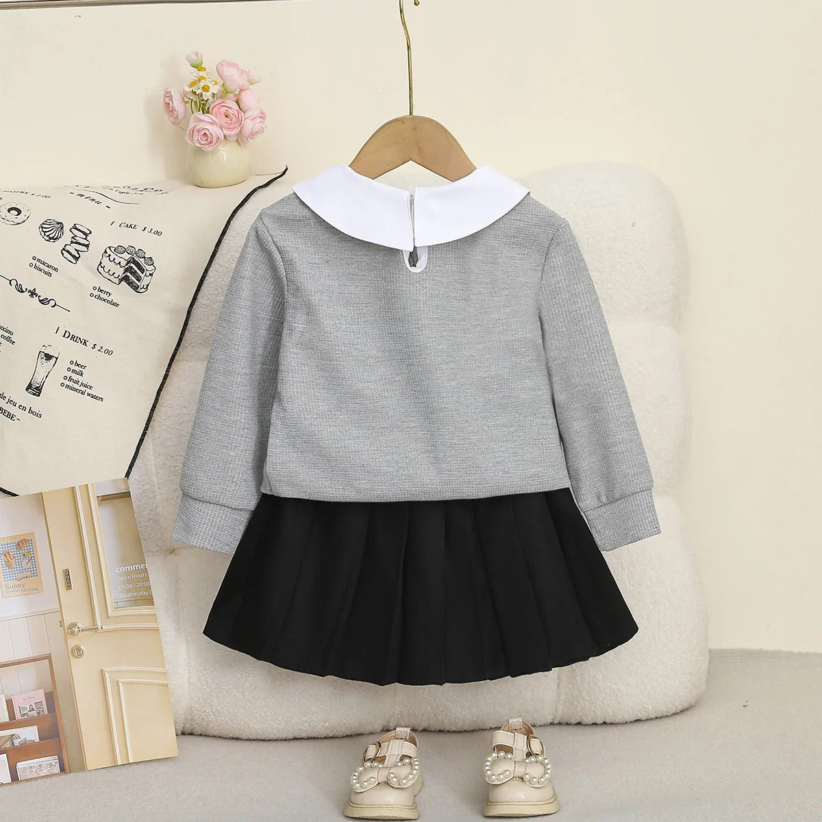 Doll Collar Top with Butterfly Knot + Black Pleated Skirt Set for Kids