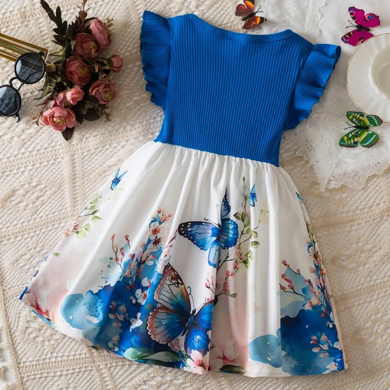 Summer New Girl's Butterfly Printed Dress 3-7Y Flying Sleeves